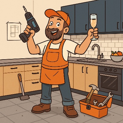 Bricoleur amateur rénovant sa cuisine avec humour et chaos créatif